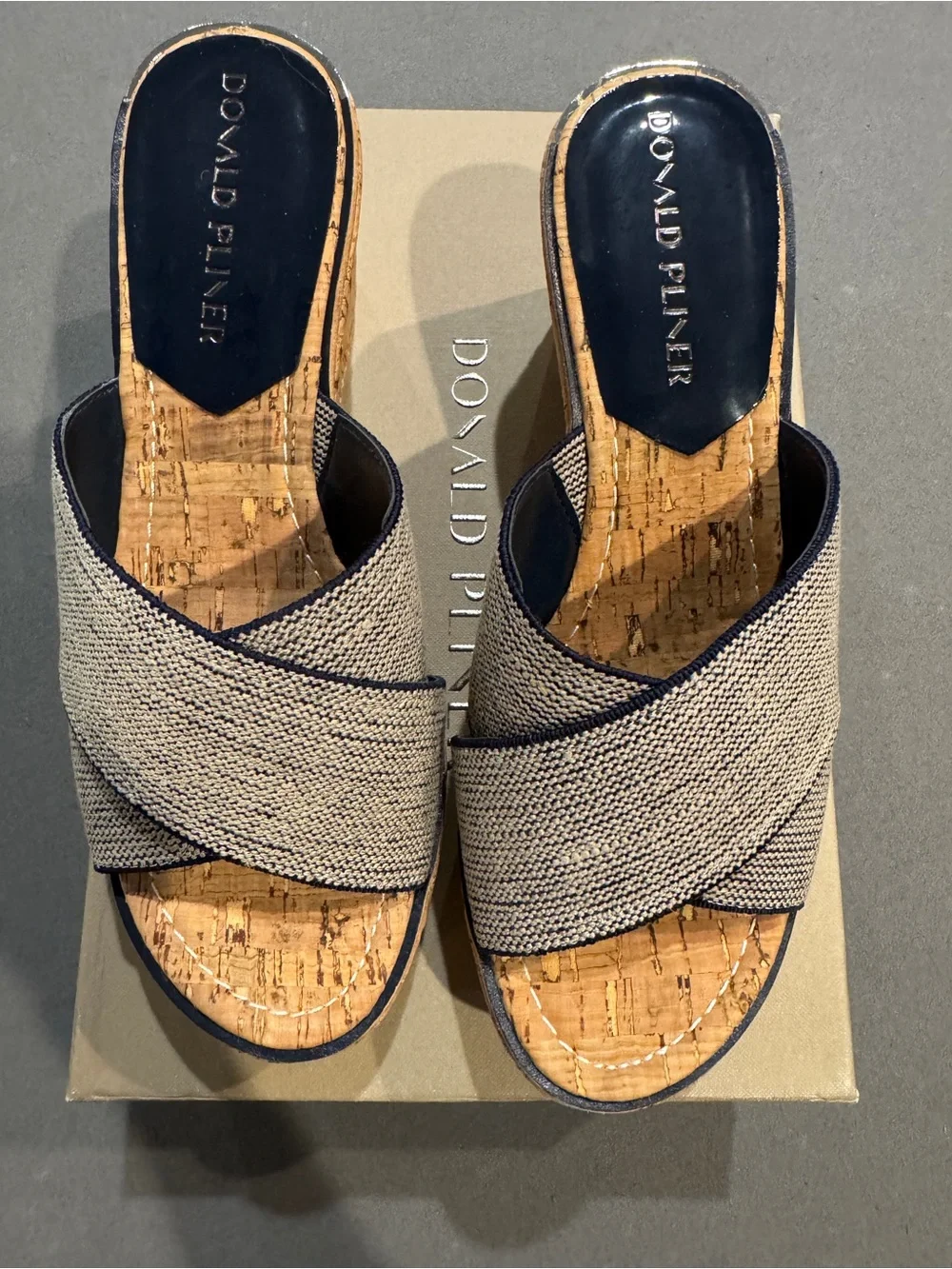 Donald J. Pliner Navy-Trim Ideala Woven Cork Slide Mules New w/box